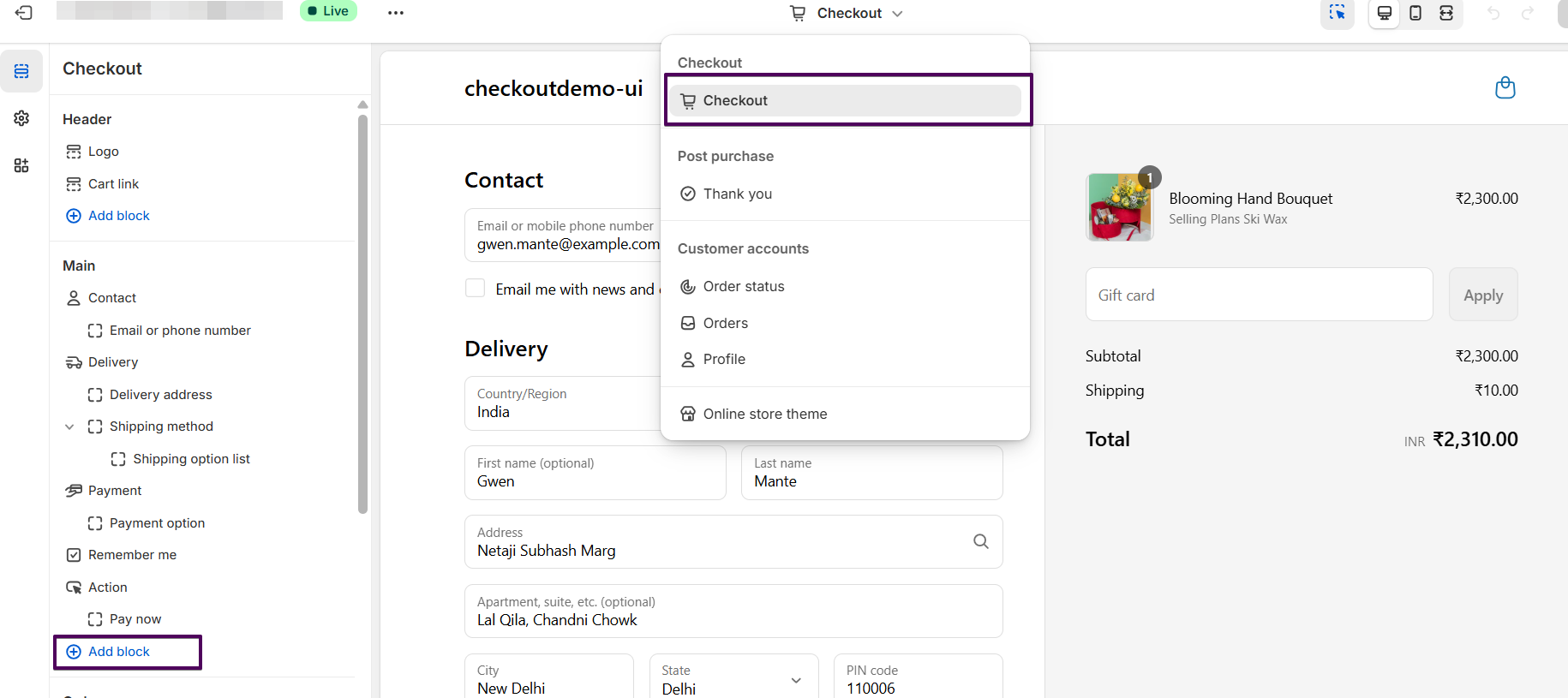 Checkout section in theme editor